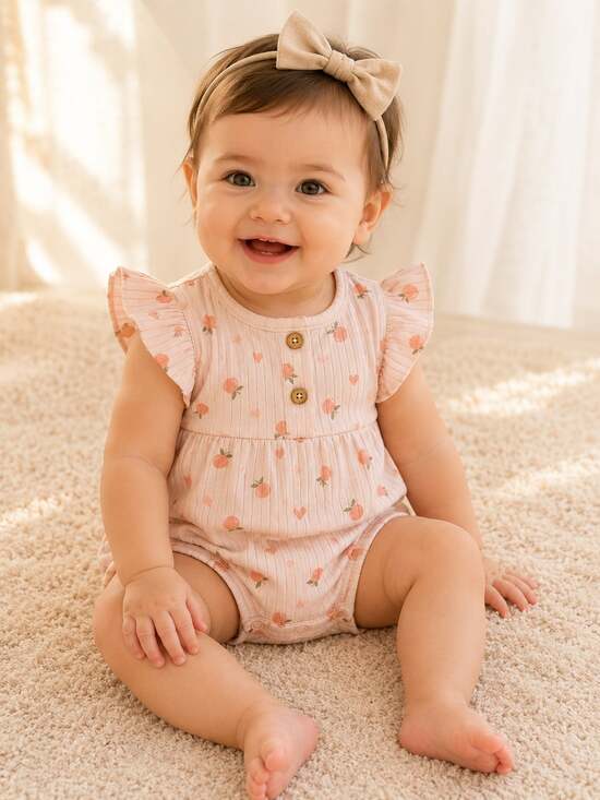 Willow + Whimsy Other - Willow + Whimsy Baby Girl Ribbed Peach and Heart Print Ruffle Romper